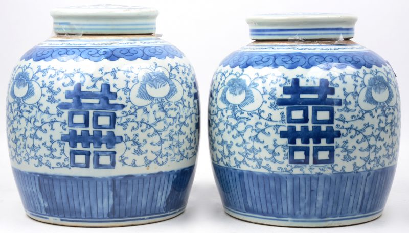 Een paar Chinese gemberpotten met een blauw en wit vegetaal decor en met lang-levenstekens.