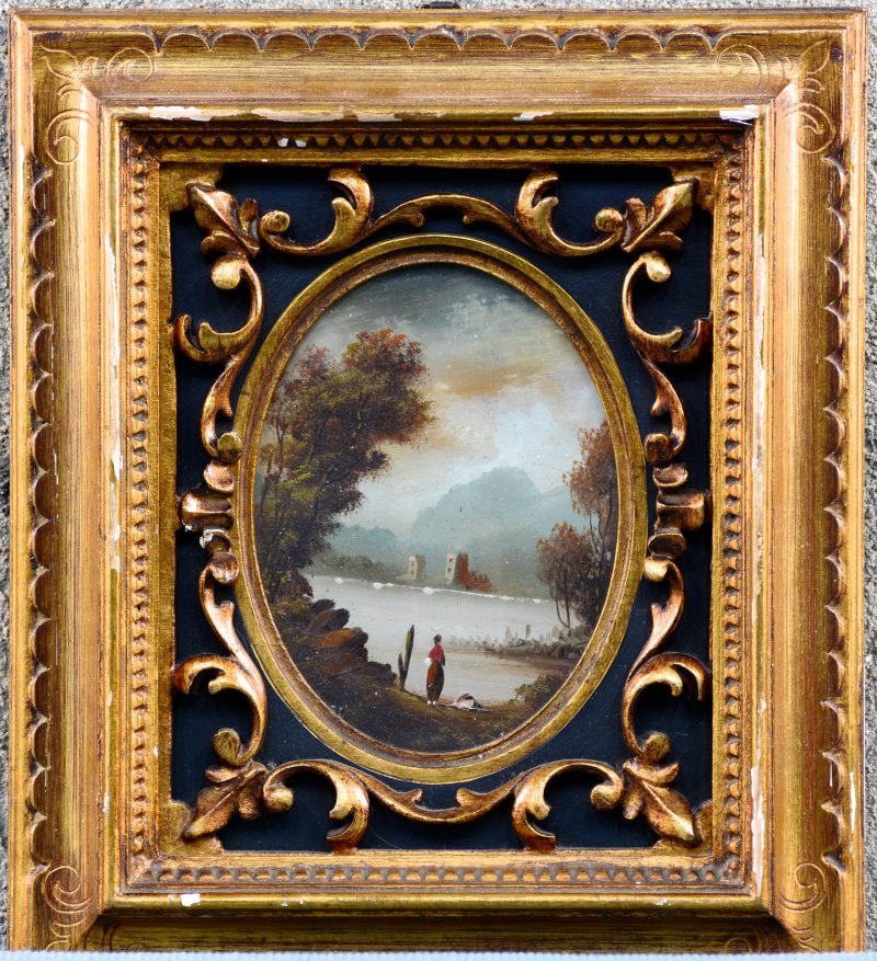“Dame aan de waterkant”. Olieverf op paneel. Gesigneerd (gedeeltelijk onder kader”. XIXe eeuw.