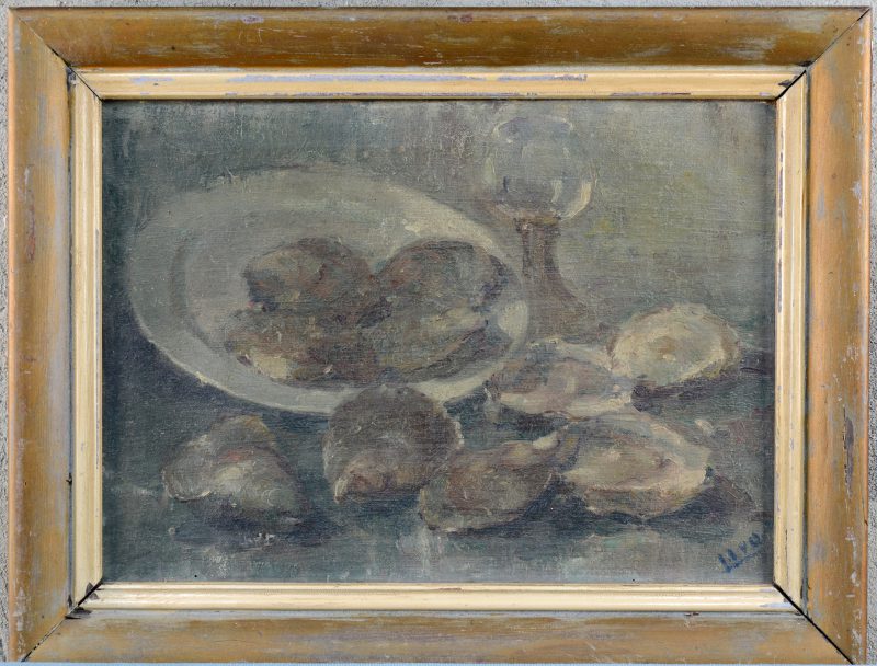 “Stilleven met oesters”. Olieverf op doek. Gemonogrammeerd.