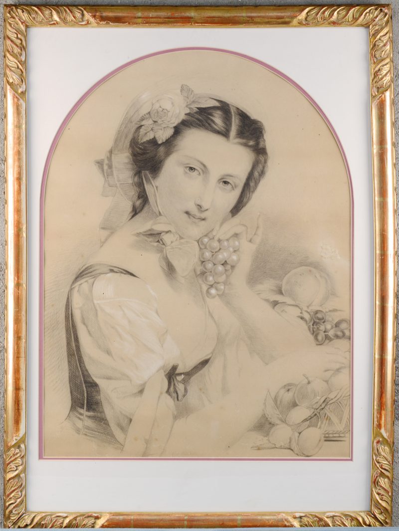 “Portret van een jonge vrouw”. Potlood op papier. Zonder signatuur. XIXe eeuw.