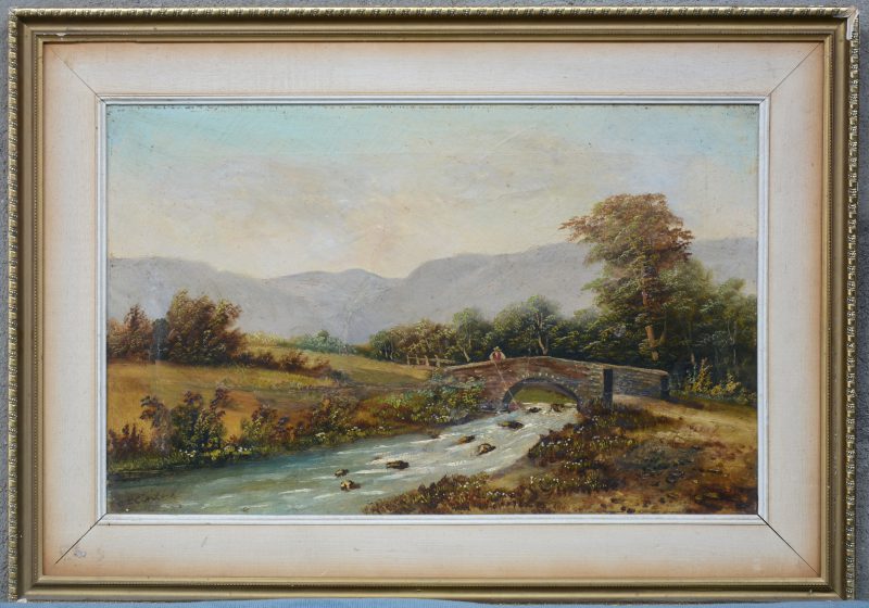 “On the river Tarell, Wales”. Olieverf op doek. Gesigneerd en gedateerd 1890.