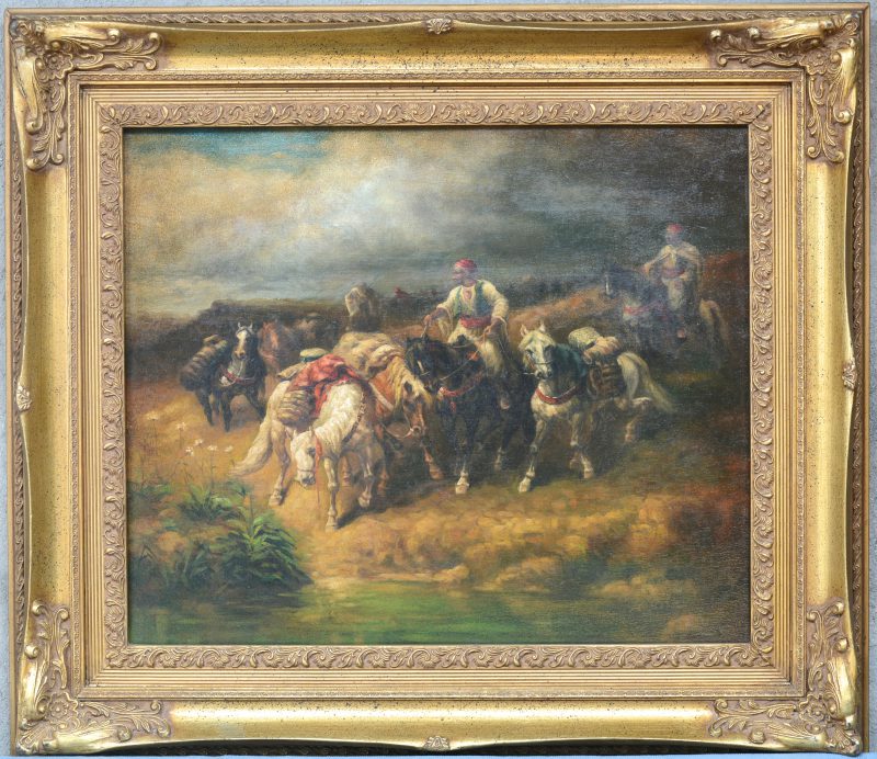 “Nomaden te paard bij een oase”. Olieverf op doek. Recenter atelierwerk in de geest van de XIXe eeuw.