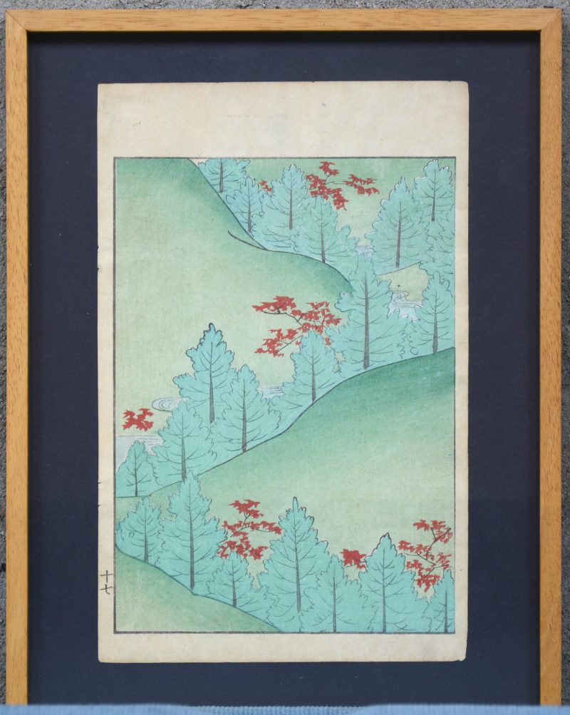 “Landschap”. Een ingekleurde Japanse houtsnede uit een boek. Omstreeks 1900.