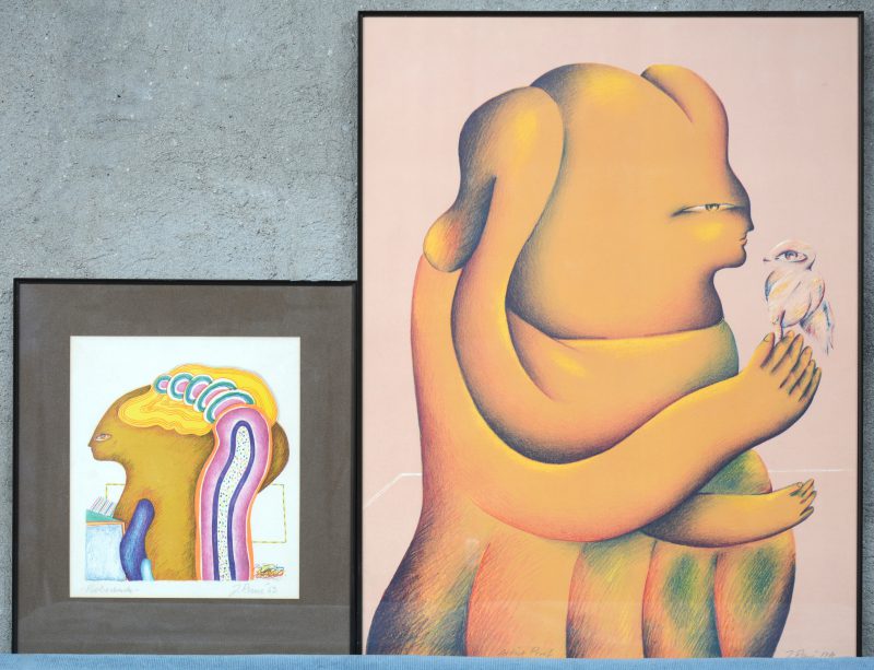 “Surrealistische personages”. Twee lithografieën. Artiestenproeven. beide gesigneerd buiten de plaat en respectievelijk gedateerd 1969 & 1974.