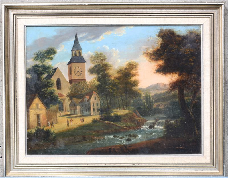 “Rivierlandschap met kerktoren”. Olieverf op doek. Oorspronkelijk als schilderij met een klokje. Gerestaureerd en herdoekt. XIXe eeuw.
