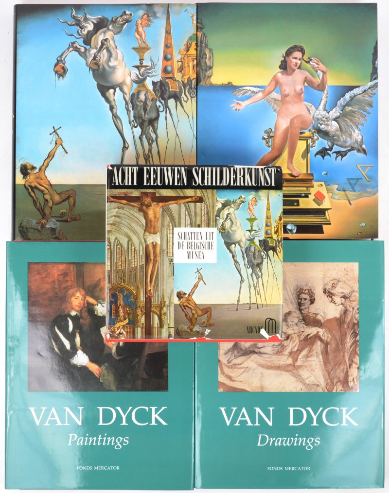 Een lot kunstboeken:- “Acht eeuwen schilderkunst. Belgische musea”. Ed. Arcade.- “Dali. Het geschilderde werk”. Ed. Taschen. In twee delen. - “Van Dyck. Drawings & Paintings”. Twee Engelstalige uitgaven.