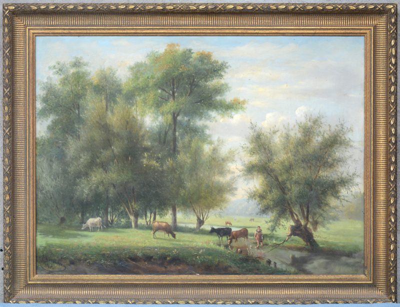 Weidelandschap met koeien”. Olieverf op doek. Gesigneerd en gedateerd 1868.