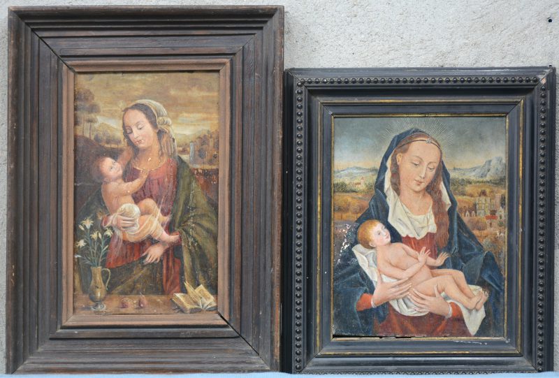 Twee voorstellingen van de Madonna met kind. Olieverf op paneel. Zonder signaturen. XIXe eeuw.