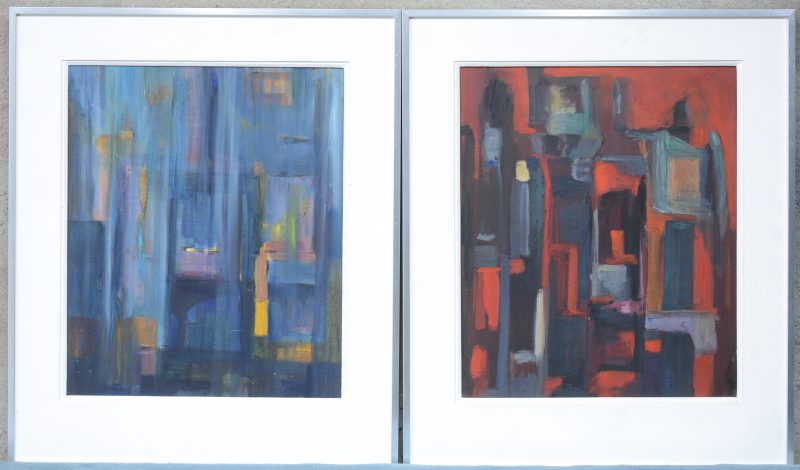 Een paar moderne abstracte schilderijen waarvan één getiteld: “ optimisme”. Olieverf op doek.