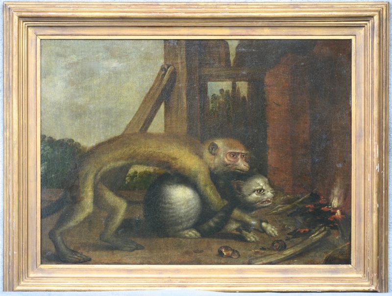 “Voorstelling van een aap die een kat de kastanjes uit het vuur doet halen”. Oleieverf op doek. Achteraan een oude toeschrijving aan Frans Snyders. Herdoekt.
