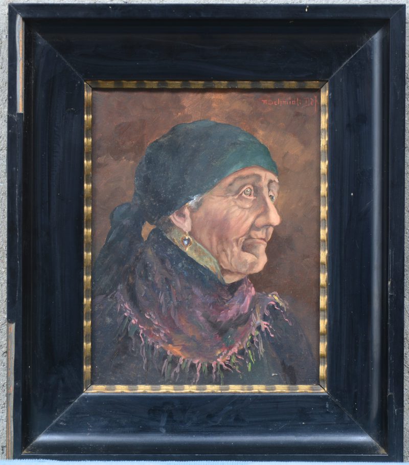 “Portret van een oude zigeunerin”. Olieverf op board. Gesigneerd.