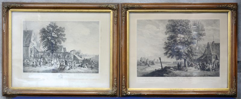 “Veue d’Anvers, ou Vme de Flandre” & “3me Fête Flamande”. Twee gravures van J. Ph. Le Bas naar werkeb van Teniers. In XIXe eeuwse lijsten.
