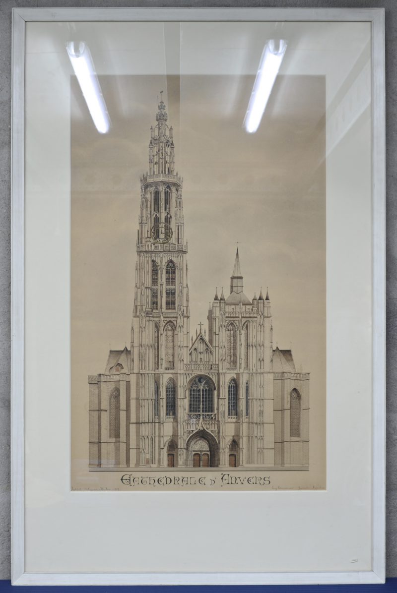 “Cathédrale d’Anvers”. Inkt en aquarel op papier. Getekend Eug. Timmermans, Géomètre - argenteur. Institut Scheppers. Malines, 1909.