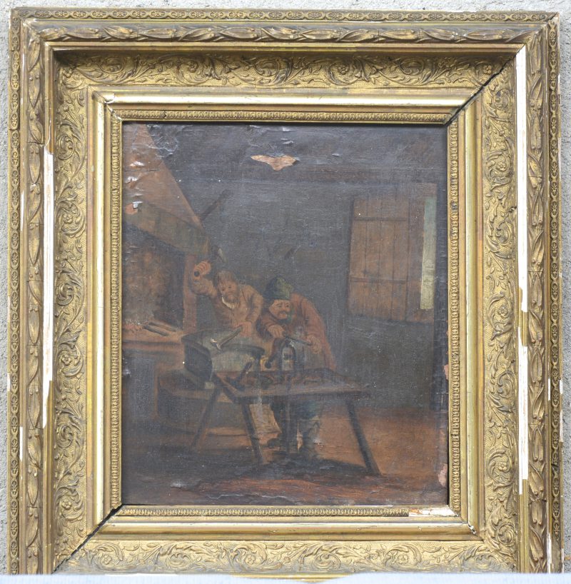 “De smidse”. Olieverf op paneel. Vlaamse school, XIXe eeuw. Beschadiging.