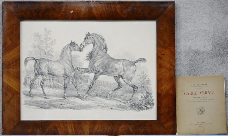 “Paarden”. Een lithografie van Delpech in mahoniehouten kader. Gesigneerd binnen de plaat. Bijgevoegd een Franstalig boek over de kunstenaar uit 1925.