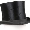 Een Engelse hoge hoed van zwart vilt. Aangekocht bij Delvigne in Antwerpen. In (beschadigde) hoedendoos.