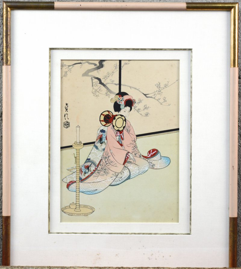 “Geisha”. Een Japanse houtsnede met aquarel. Gesigneerd.