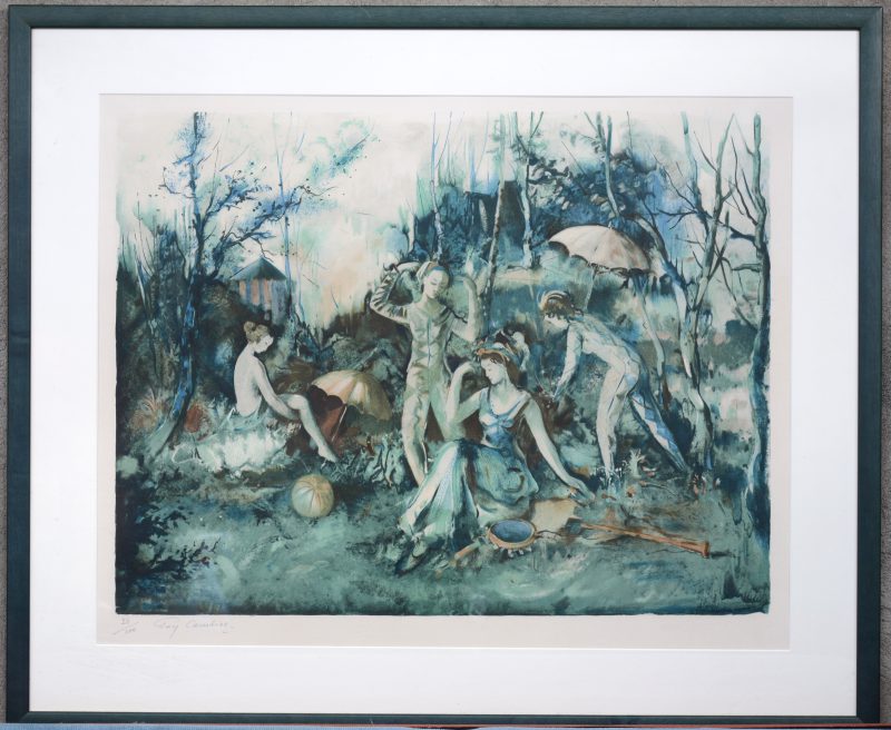 “ Scène met vrouwenen paraplu’s” . Een lithografie. Gesigneerd Guy Cambier en genummerd 24/100 buiten de plaat.