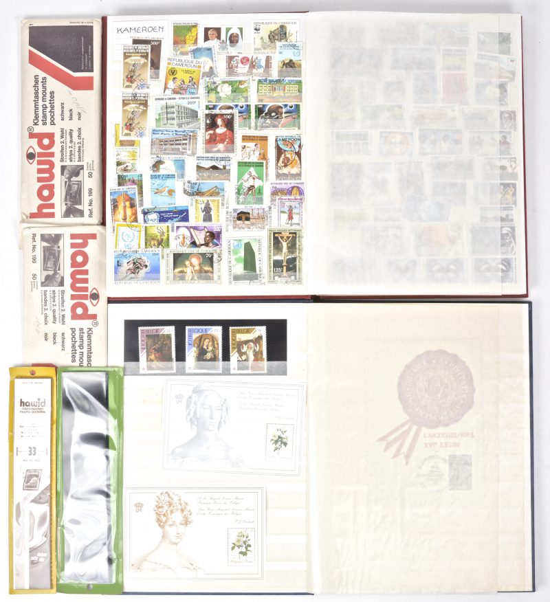 Een paar postzegelalbums met overwegend Belgische zegels in de éne en diverse buitenlandse zegels in de andere.