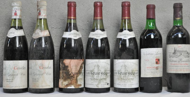 Lot rode wijn        aantal: 7 bt Grivelet Grand Vin   Bernard Grivelet, Chambolle   1971  aantal: 2 bt Bourgogne Pinot Noir La Tour Rouge A.C.  Vignerons de Buxy   1981  aantal: 3 bt 1 slecht etiketCh. Baron Ségur A.C. Montagne-St-Emilion     1979  aantal: 1 bt Ch. Bourdillot A.C. 1e Côtes de Blaye   M.C.  1989  aantal: 1 bt