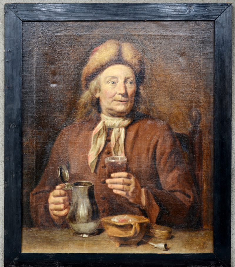 “De drinker”. Olieverf op doek (met nieuw spieraam). Nederlanden, omstreeks 1700.