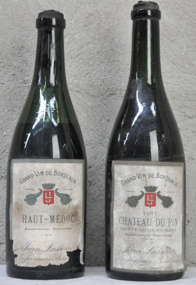 Lot bordeaux        aantal: 2 bt champagneflessen zonder capsuleCh. du Pin A.C. Sainte-Croix-du-Mont     1937  aantal: 1 bt Haut-Médoc A.C.       aantal: 1 bt