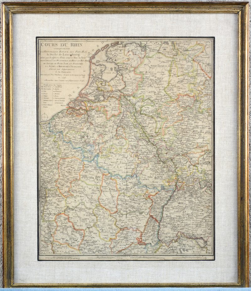 “Cours du Rhin”. Een oude ingekleurde kaart. Maillart et Soeur. Bruxelles, 1795.
