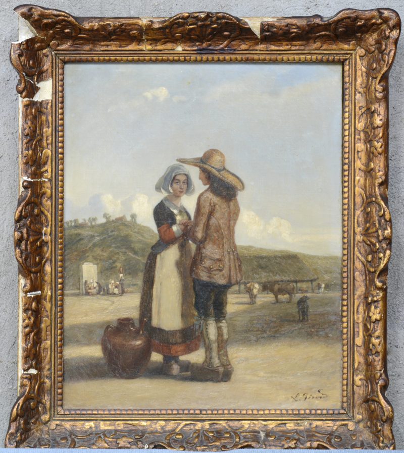 “Conversatie op de boerderij”. Olieverf op doek. Gesigneerd. XIXe eeuw.