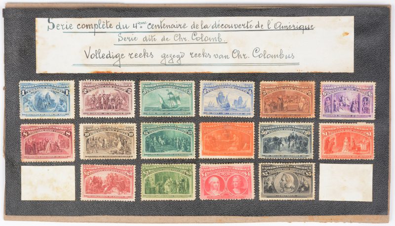 U.S. Postage 1893. 400 jaar Ontdekking van Amerika. Volledige “Christoffel Columbus”-serie van 16 postzegels. Niet ontwaard. Geen gom, scharnieren, gebreken o.m. geen tanden onderaan 6 ct, linkerbovenhoek gescheurd 4 $, verkleuringen, matig gecentreerd.