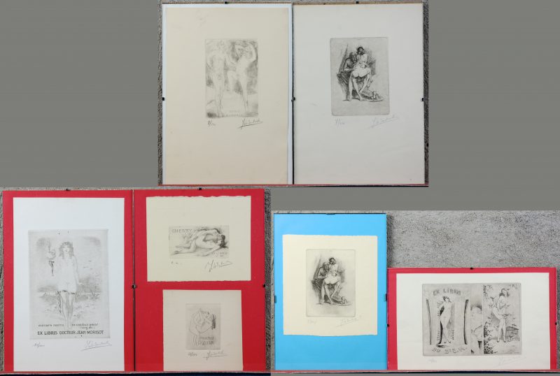 Een reeks van zeven verschillende ex-librissen in zes kaders.