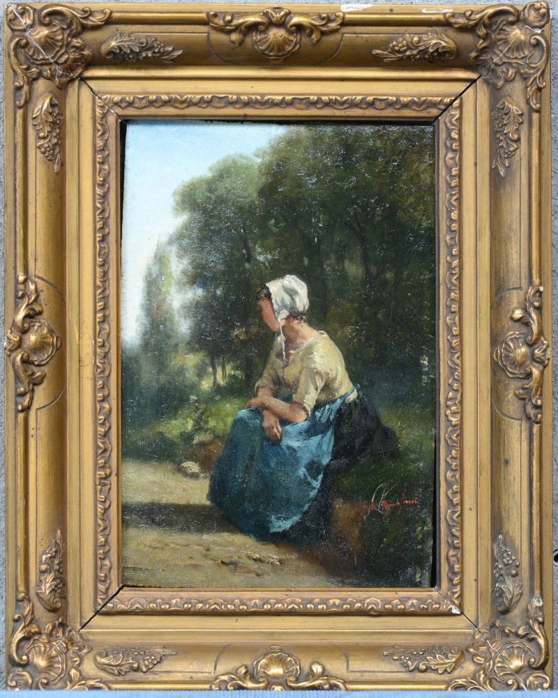 “Zittende vrouw langs de kant van de weg”. Olieverf op paneel. Gesigneerd. XIXe eeuw.