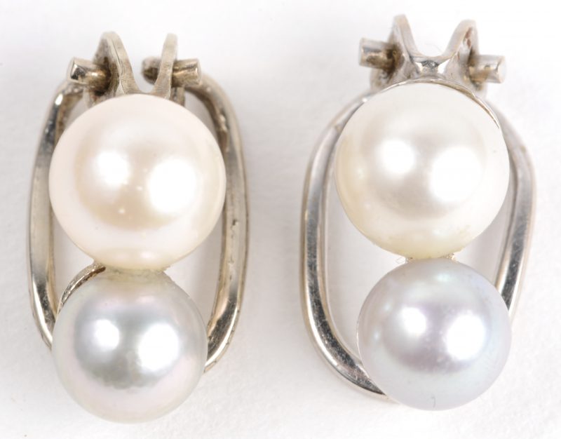 Een paar 18 karaats wit gouden oorbellen bezet met telkens twee grijze en twee witte parels.