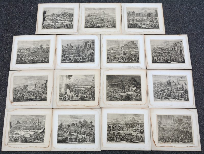 Een reeks van 15 oude etsen met scènes uit het Oude en het Nieuwe Testament. Edit. J. Covens & C. Mortier, Amsterdam (1721-1866)). Enige vochtschade (niet aan de afbeeldingen) en enkele vlekken.