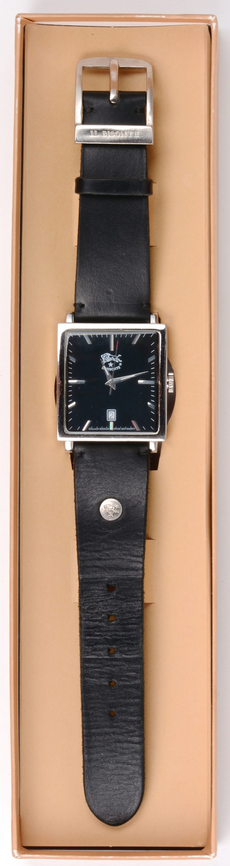 Een roestvrij stalen horloge met zwart lederen polsband in originele doos. Italian design. Swiss Movement.