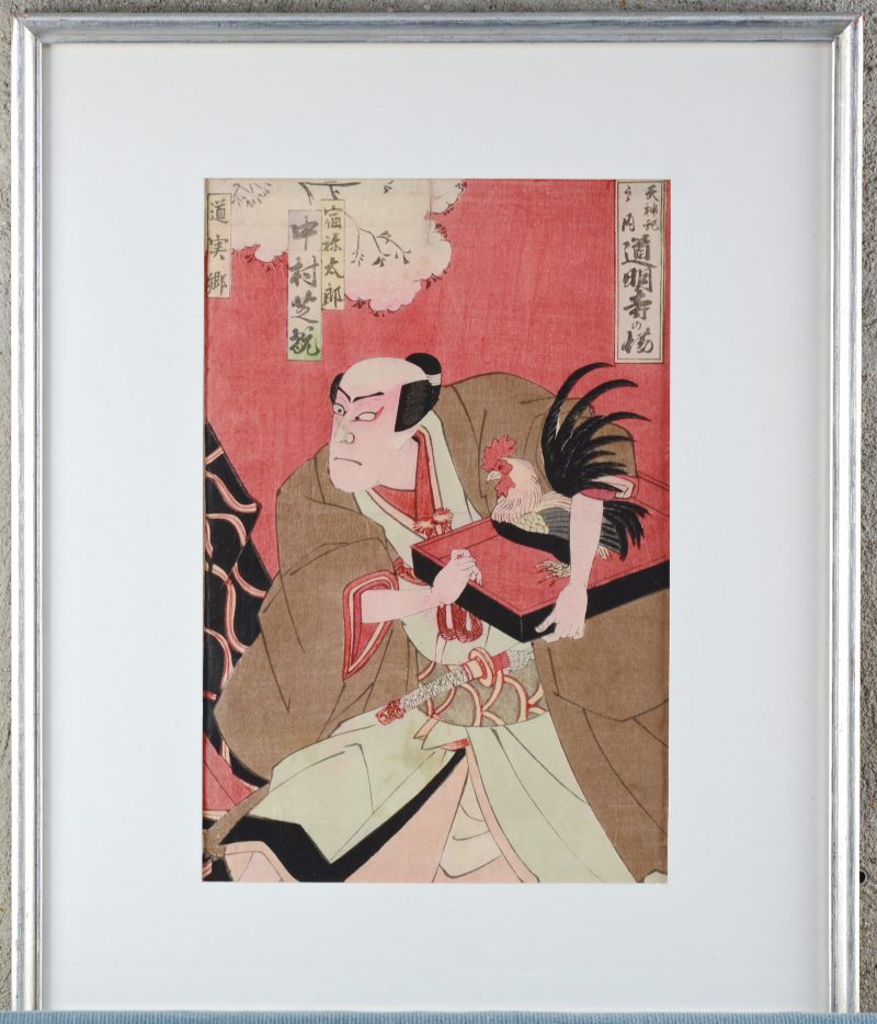 “Kabuki-acteur met haan”. Houtsnede. Utagawa-school.