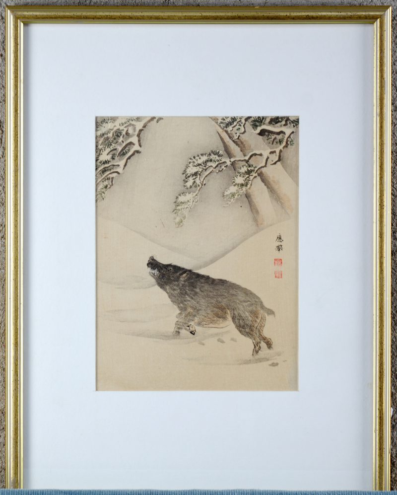“Wild zwijn in besneeuwd bos”. Een laat XIXe eeuwse Japanse houtsnede. Gesigneerd.