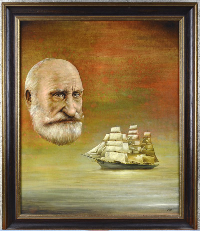 “Portret met schip”. Olieverf op paneel. Gesigneerd en gedateerd 1977.