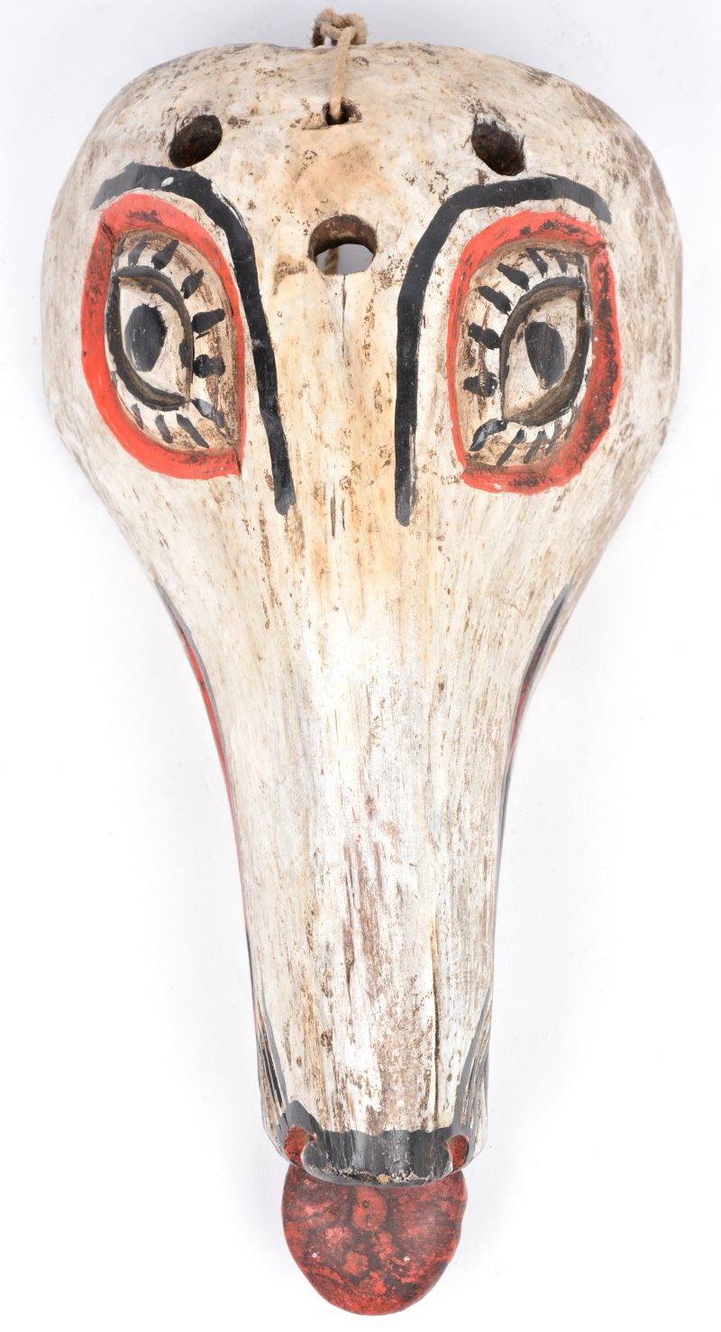 Een gepolychromeerd houten masker in de vorm van een hondenkop.