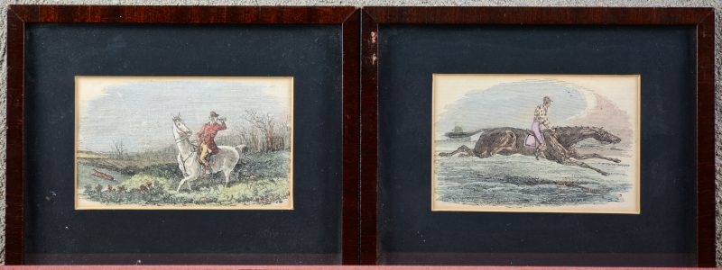 Een paar ingekleurde XIXe eeuwse Engelse gravures, waarbij één met een voorstelling van een jockey