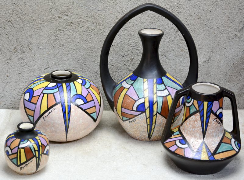 Vier verschillende art deco vazen van meerkleurig aardewerk met decors van Antoine Dubois. Gemerkt.