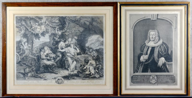 Twee XVIIIe eeuwse gravures, bestaande uit een Bacchantische scène met nimfen en saters in open kustlandschap en de andere met een portret van een edelman uit 1754.