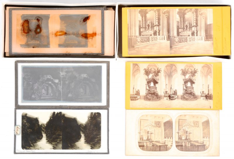 Een lot XIXe eeuwse stereoscopische foto’s op glas en op karton.