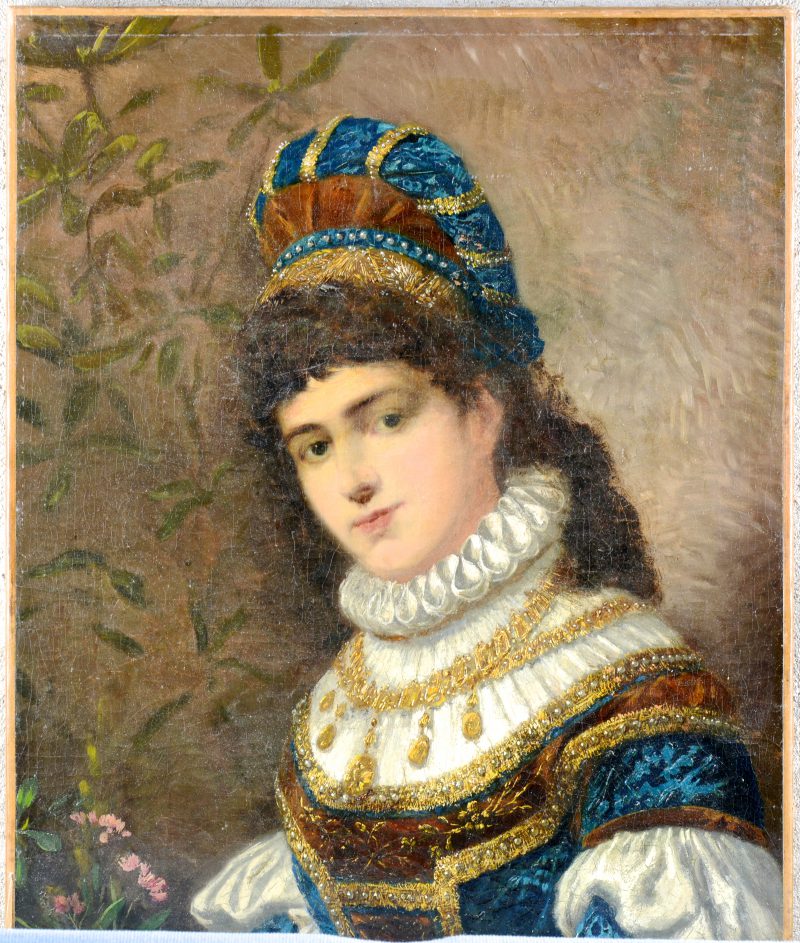 “Portret van een jonge vrouw met juwelen”. Olieverf op doek. Omstreeks 1800. Herdoekt.