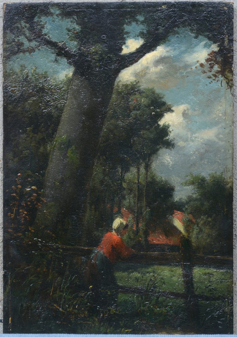 “Vrouw, leunend tegen een omheining onder een boom”. Olieverf op paneel. Vermoedelijk G. B. Brunfaut, maar zonder signatuur. XIXe eeuw.