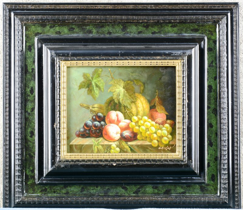 “Stilleven met fruit”. Olieverf op paneel. In de stijl van de XVIIe eeuw.