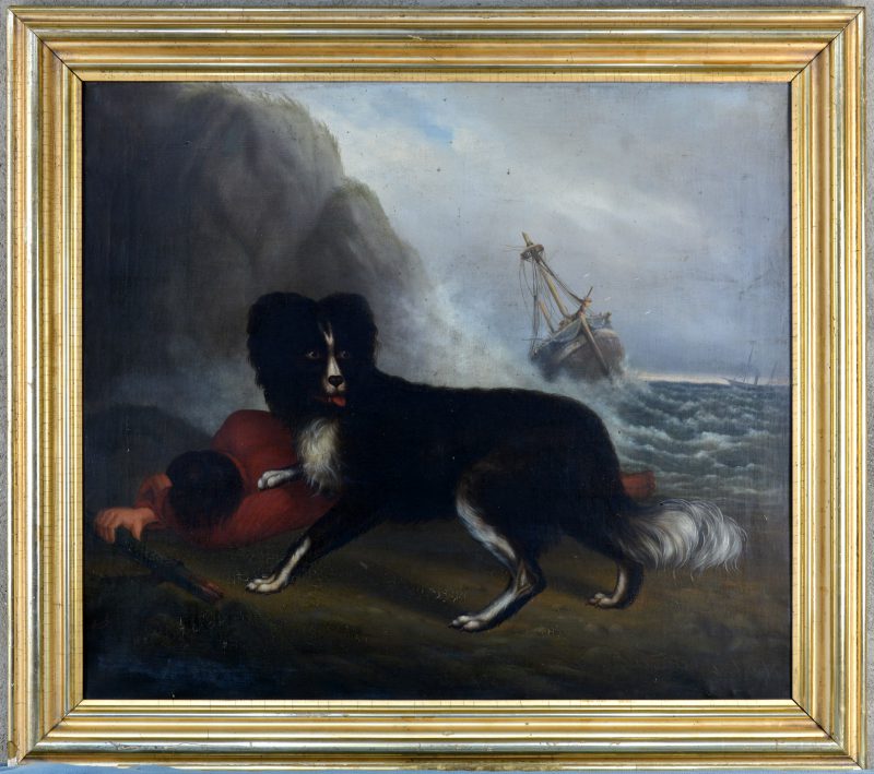 “Hond bij een drenkeling op het strand”. Olieverf op doek. Eind XIXe eeuw. Gesigneerd.