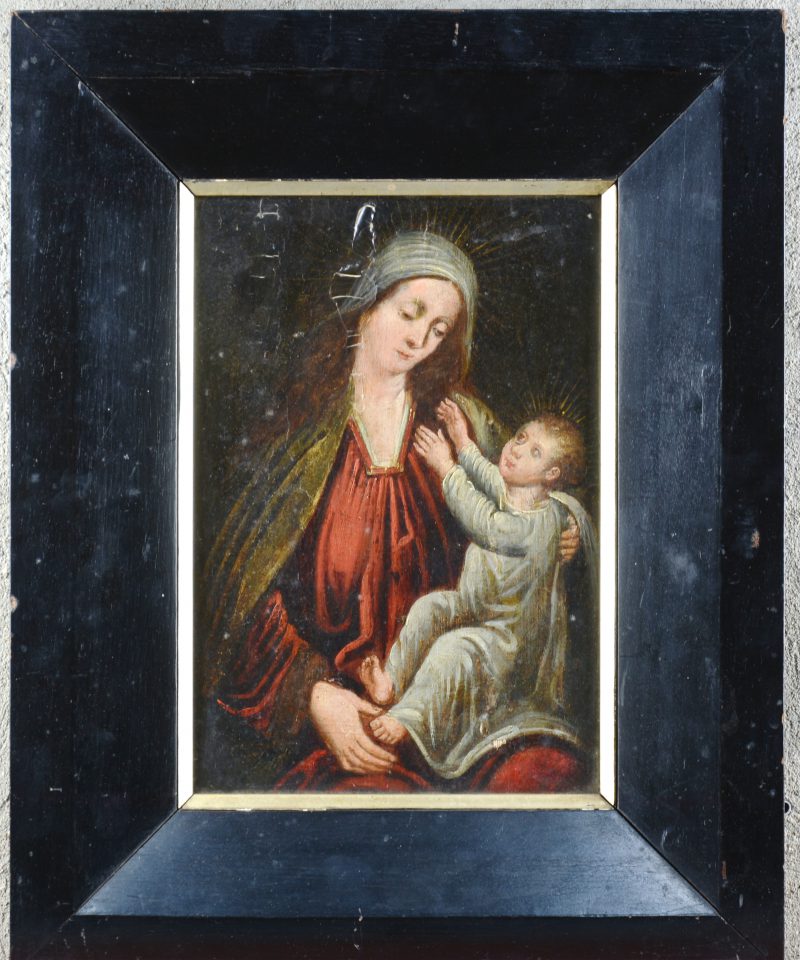 “Madonna met kind”. Olieverf op paneel. XVIIIe eeuw. Te restaureren.