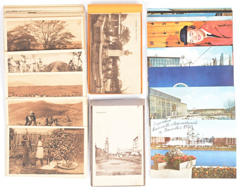 Een lot oude postkaarten, waarbij 30 kaarten van Kigali uit 1930, 14 onbeschreven kaarten van de expo ‘58, postkaarten uit Kinshasa en algemene toeristische plaatsen.