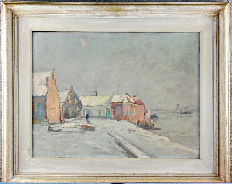 “Winter in een Scheldedorp”. Olieverfschilderij. Gesigneerd.