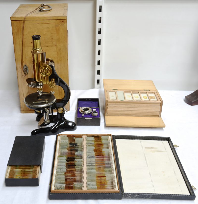 Een oude messingen microscoop in houten kist. Bijgevoegd drie etuis met preparaten.